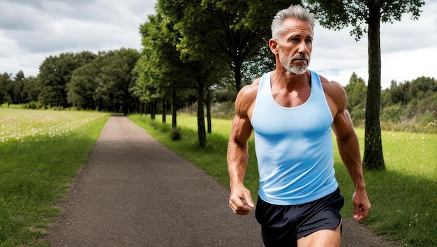 Vecchio bell'uomo con un corpo muscoloso in abbigliamento sportivo che corre nel parco generativo ai