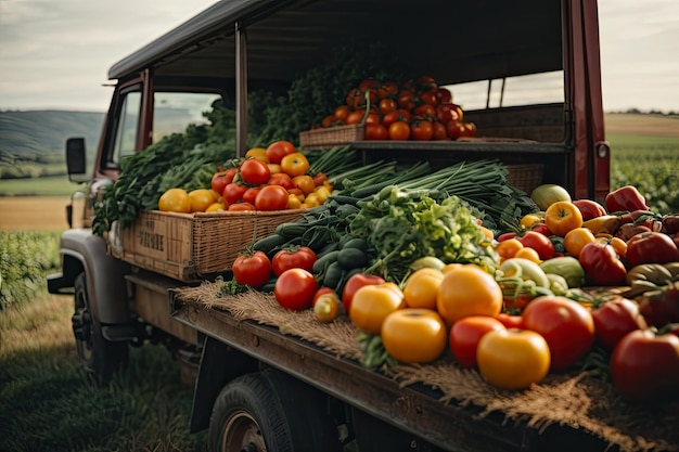 Vecchio camion con un raccolto autunnale di verdure ed erbe in una piantagione un festival del raccolto un mercato lungo la strada che vende prodotti agricoli naturali ecologici generati dall'IA