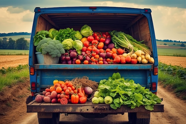 Vecchio camion con un raccolto autunnale di verdure ed erbe in una piantagione un festival del raccolto un mercato lungo la strada che vende prodotti agricoli naturali ecologici generati dall'IA