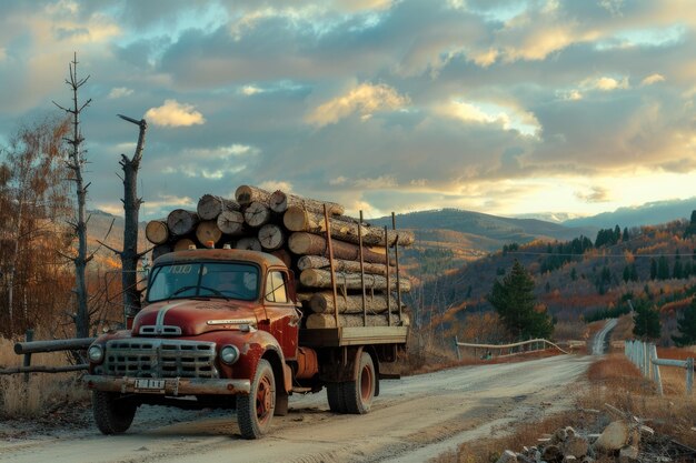 vecchio camion pieno di tronchi di legno viaggiare attraverso strade bulgare autunno tempo del tramonto