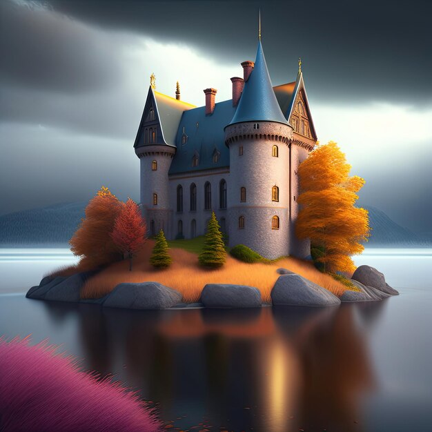 Vecchio castello fatiscente sul lago Cieli scuri e freddi in autunno, illustrazione 3d