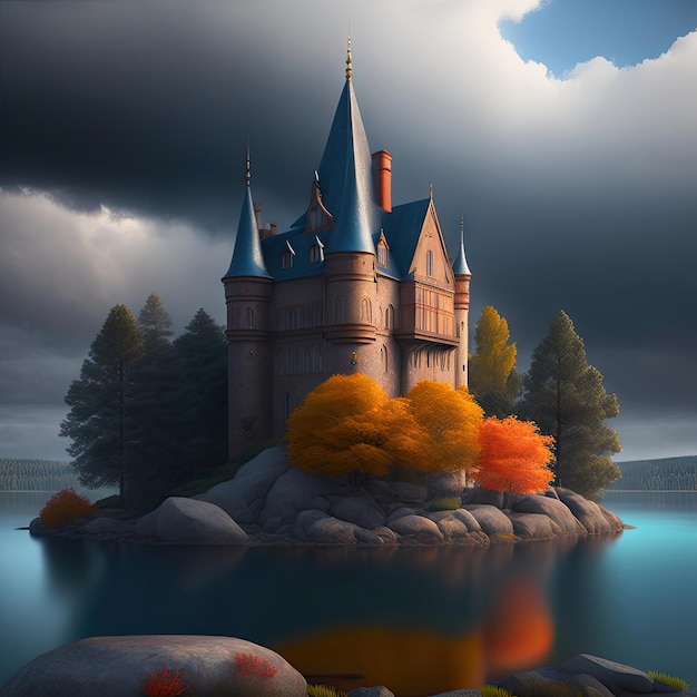 Vecchio castello fatiscente sul lago Cieli scuri e freddi in autunno, illustrazione 3d