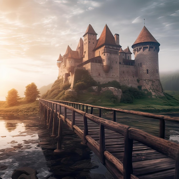 Vecchio castello medievale sull'isola e un ponte che conduce. Illustrazione generativa di AI.