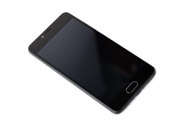 vecchio cellulare nero a buon mercato isolato su schermo di sfondo bianco spento