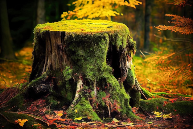 Vecchio ceppo nella foresta autunnale con muschio e foglie cadute Sfondo della natura IA generativa