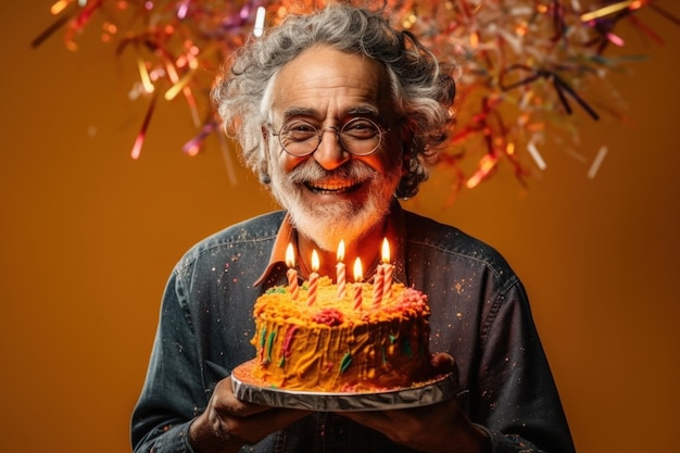 vecchio che tiene una grande torta di compleanno con candele con coriandoli che sorride guardando