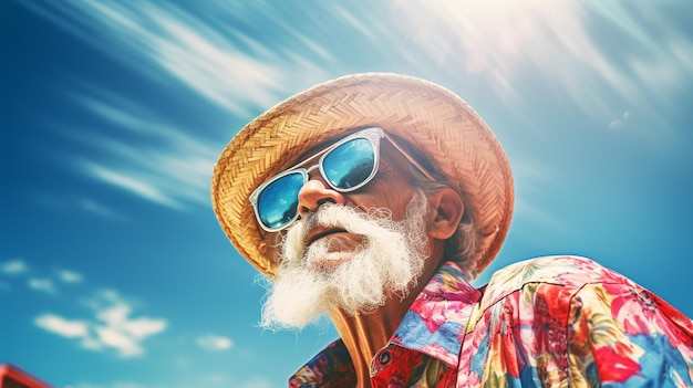 Vecchio che usa cappello e occhiali da sole colombiani quando celebra il Dia de la Raza