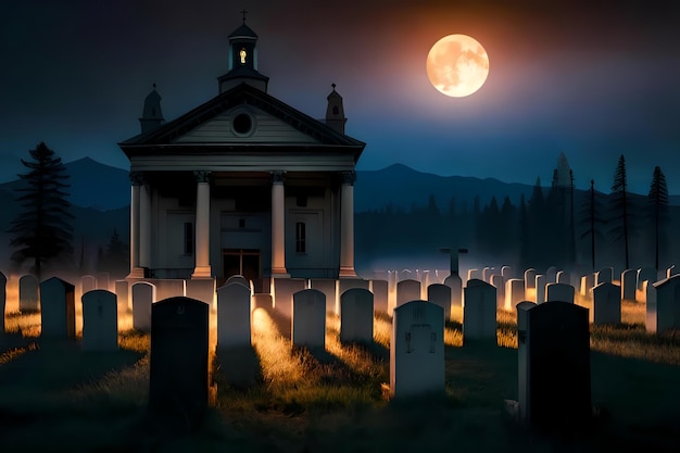 Vecchio cimitero vicino alla chiesa di notte al chiaro di luna