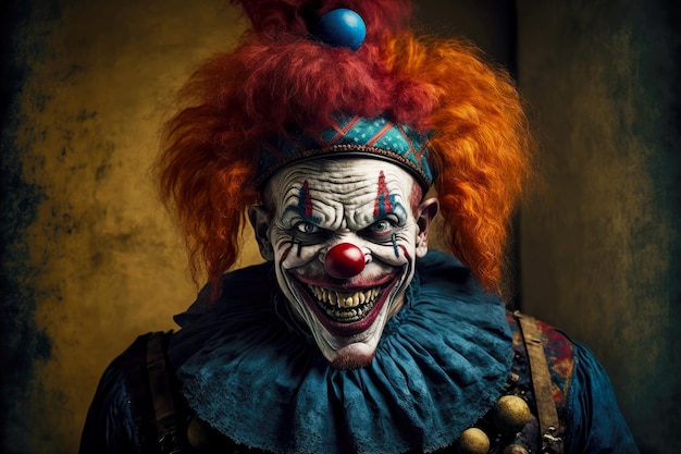 Vecchio clown spaventoso dai capelli rossi scontento con un sorriso minaccioso