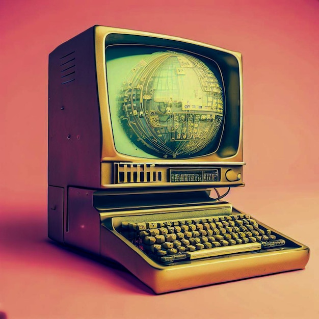 vecchio computer degli anni '50 su sfondo rosa futurismo retrò