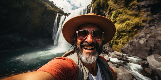 Vecchio con un cappello si fa un selfie nella natura tema di viaggio generativo ai