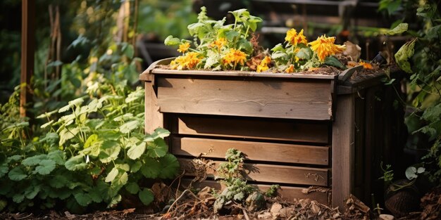 Vecchio contenitore di compost da giardino per materiale organico