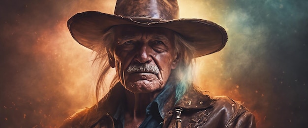 Vecchio cowboy uomo anziano che indossa un cappello da cowboy immagine eroica di un uomo da vicino capelli grigi