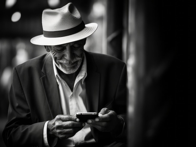 vecchio dalla Colombia che utilizza uno smartphone per la comunicazione online