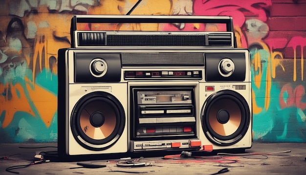 Vecchio design retro ghetto blaster boombox radio cassetta registratore dagli anni '80 in un graffiti grunge...