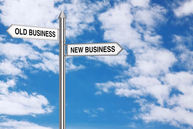 Vecchio e nuovo business frecce di direzione Road Sign su uno sfondo di cielo blu. Rendering 3D