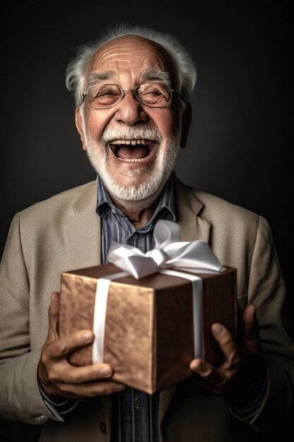 Vecchio eccitato eccitato e sorridente mentre tiene in mano una scatola regalo creata con l'AI generativa