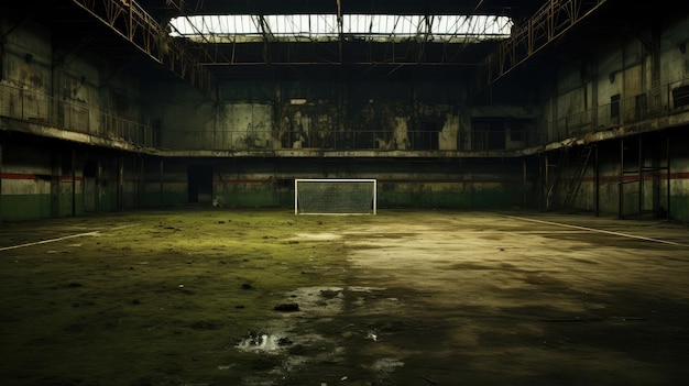 Vecchio edificio industriale abbandonato con una porta di calcio al centro