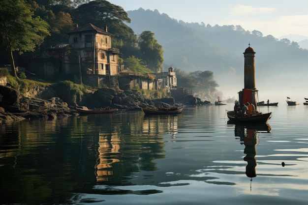 Vecchio faro arco storico mercato colorato e maestose montagne sul fiume generativo IA