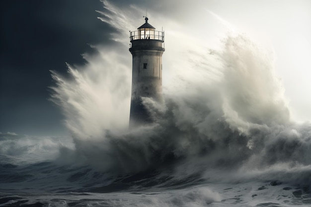 Vecchio faro durante la tempesta nell'oceano AI generativa