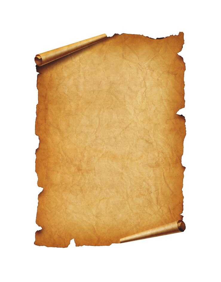 Vecchio foglio di carta medievale Rotolo di pergamena isolato su bianco