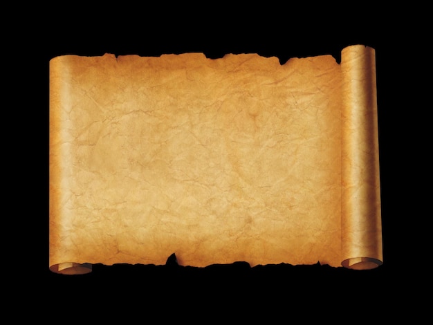 Vecchio foglio di carta medievale Rotolo di pergamena orizzontale isolato su sfondo nero