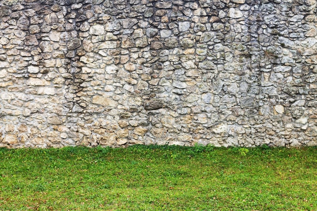 Vecchio fondo del muro di pietra con erba verde