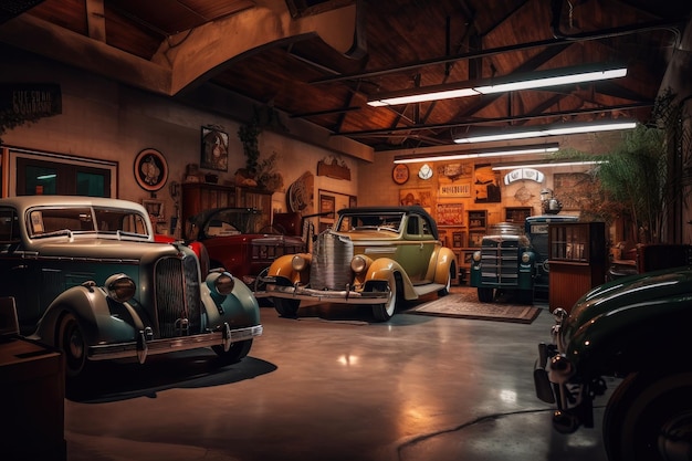 Vecchio garage con auto d'epoca e decorazioni classiche in un ambiente a tema retrò creato con l'IA generativa