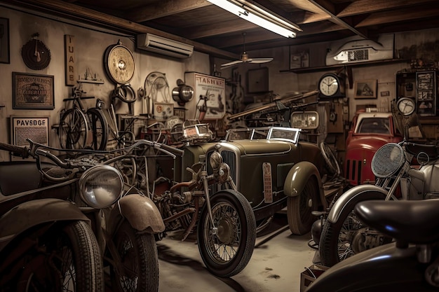 Vecchio garage con una varietà di auto e moto d'epoca in mostra creata con l'IA generativa