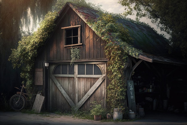 Vecchio garage rustico con travi in legno e vernice stagionata circondata dalla natura