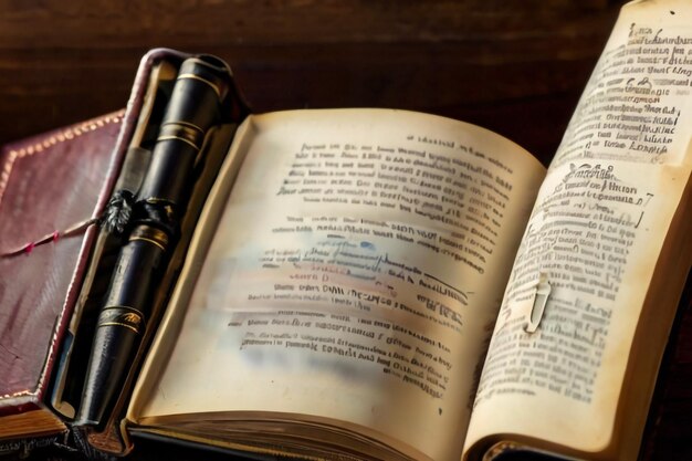 Vecchio libro antico aperto in una biblioteca su un vecchio tavolo intagliato nero con libri di enciclopedia d'oro