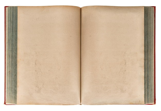 Vecchio libro aperto isolato su sfondo bianco. Texture di carta invecchiata