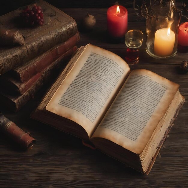 Vecchio libro aperto su uno sfondo di legno scuro