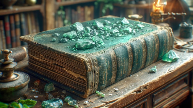 Vecchio libro magico con fiori di lavanda secchi e candele su un tavolo di legno