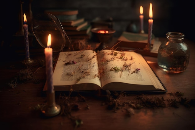 Vecchio libro magico in una stanza antica Tavolo di legno con varie piante e pozioni AI generativa