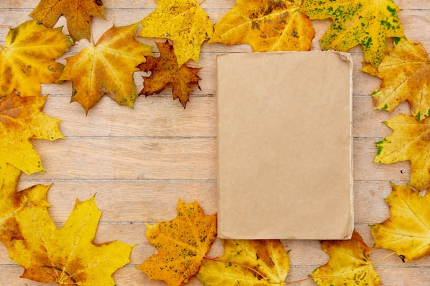 Vecchio libro su un tavolo con foglie di acero gialle intorno.