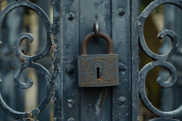 Vecchio lucchetto bloccato appeso al lucchetto di porta di metallo antico