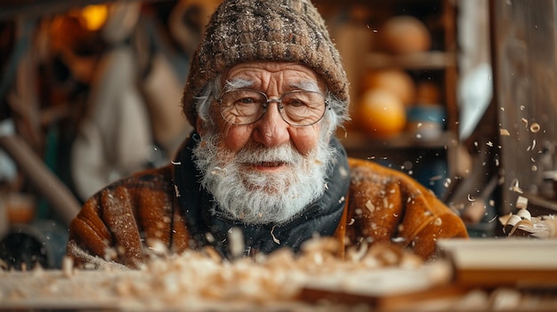 Vecchio maestro falegname che lavora nel suo lavoro in legno uomo anziano impegnato in un progetto di lavorazione del legno