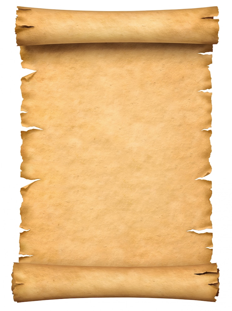 Foto vecchio manoscritto di carta o rotolo di papiro orientato verticalmente isolato su sfondo bianco.
