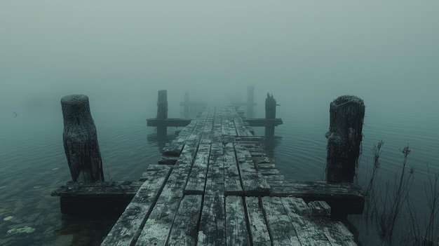 Vecchio molo di legno che conduce al lago etereo della nebbia