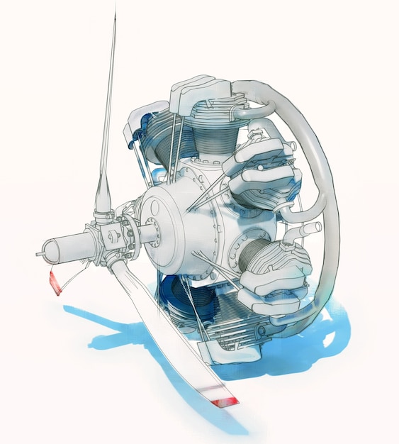 Vecchio motore aeronautico circolare rotante con elica. L'illustrazione è stilizzata come un disegno a mano. rendering 3D.