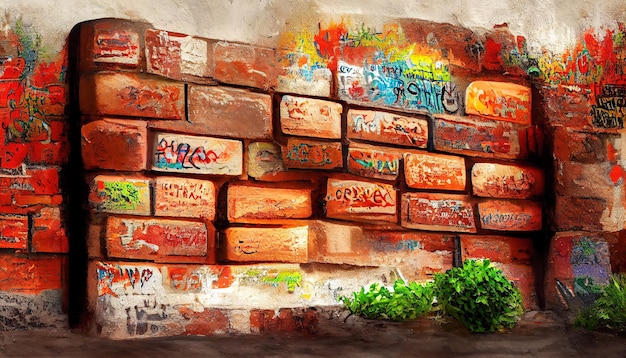 Vecchio muro di mattoni con graffiti