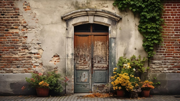 Vecchio muro di mattoni vintage con porta arrugginita e fiori