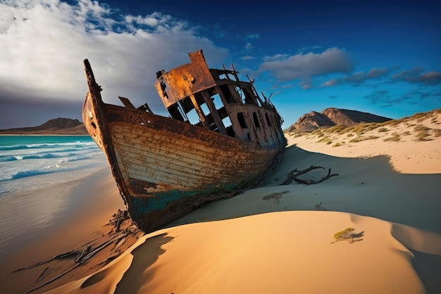 Vecchio naufragio semisepolto nella sabbia sulla spiaggia appartata