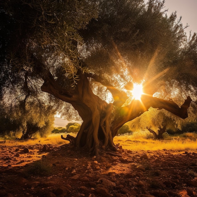 Vecchio olivo antico nell'oliveto del Mediterraneo