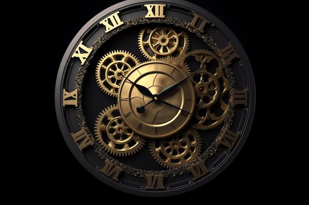 Vecchio orologio nero dorato vicino alla vista frontale su sfondo scuro ai generativo