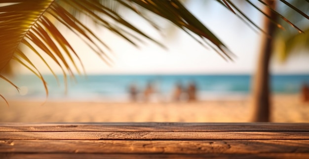 Vecchio piano del tavolo in legno contro la spiaggia panoramica sfocata con foglie di palma da cocco Concetto Vacanza Estate Spiaggia Mare AI immagine generata