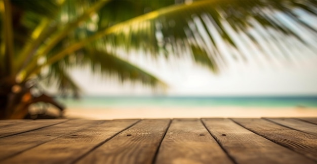 Vecchio piano del tavolo in legno contro la spiaggia panoramica sfocata con foglie di palma da cocco Concetto Vacanza Estate Spiaggia Mare AI immagine generata