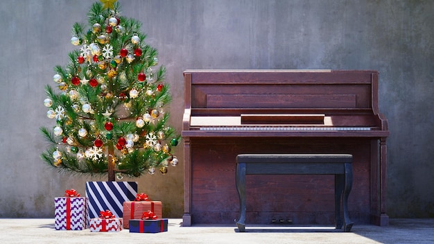 Vecchio pianoforte e albero di natale rendering 3d