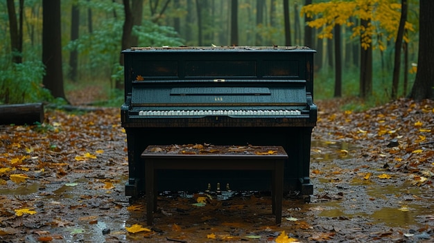 Vecchio pianoforte nella foresta d'autunno con foglie cadute in un giorno di pioggia